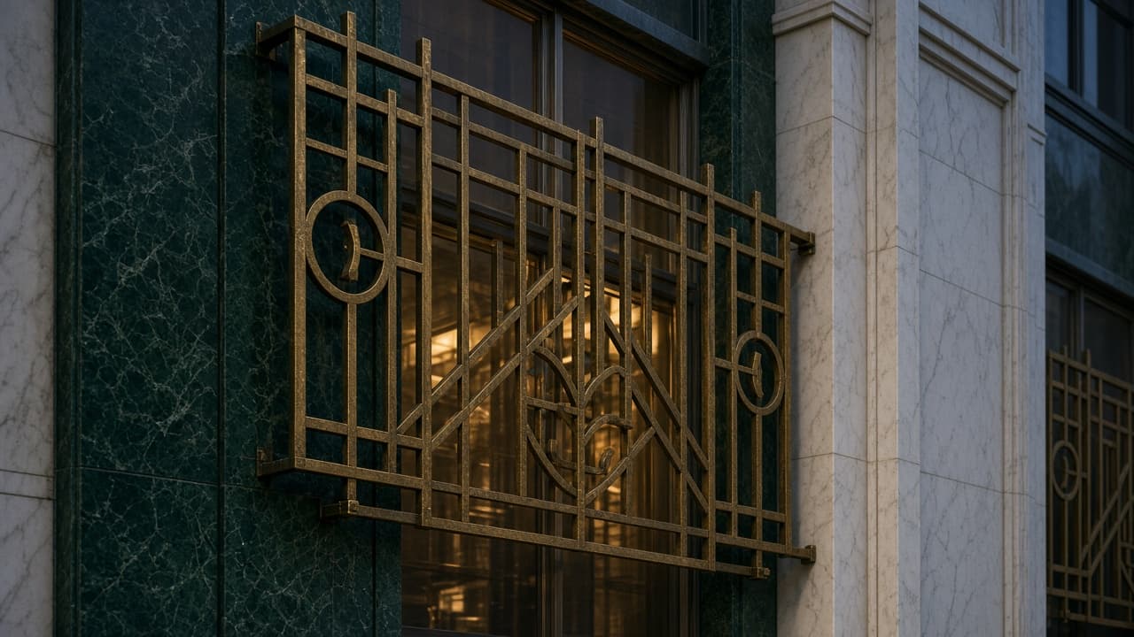 Aged brass geometric facade detail
