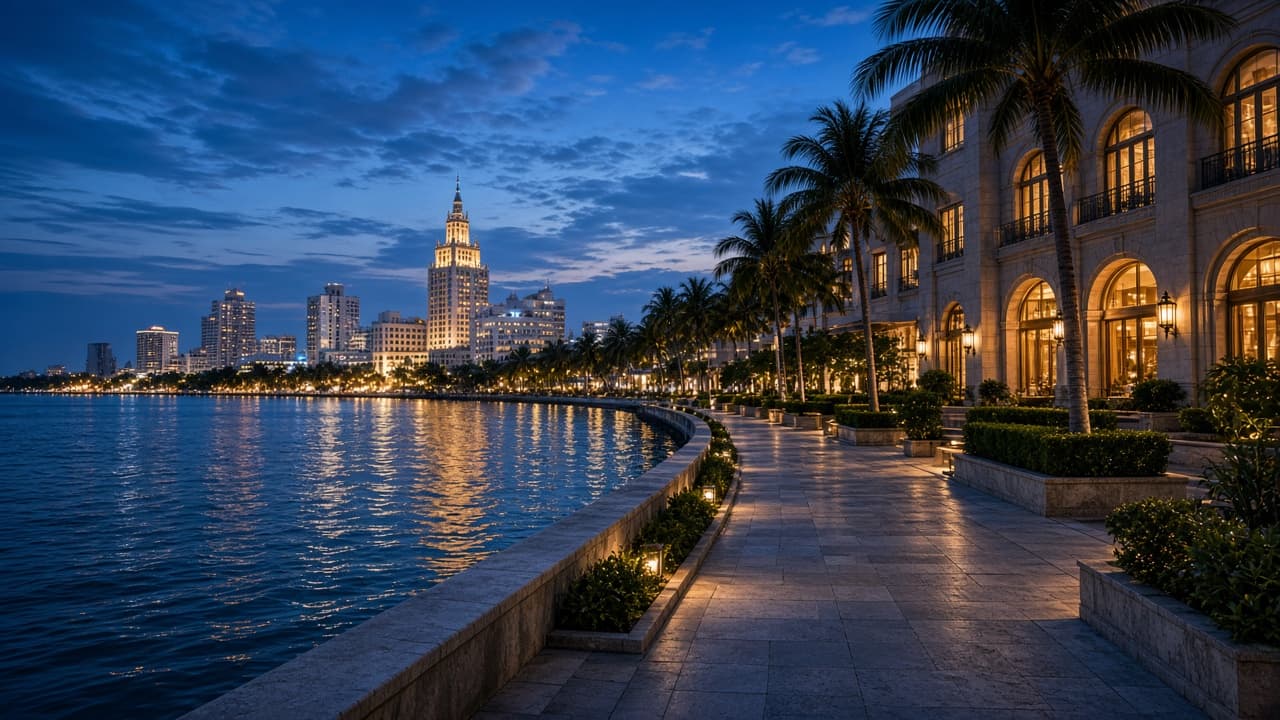Harbour promenade at blue hour near the hotel