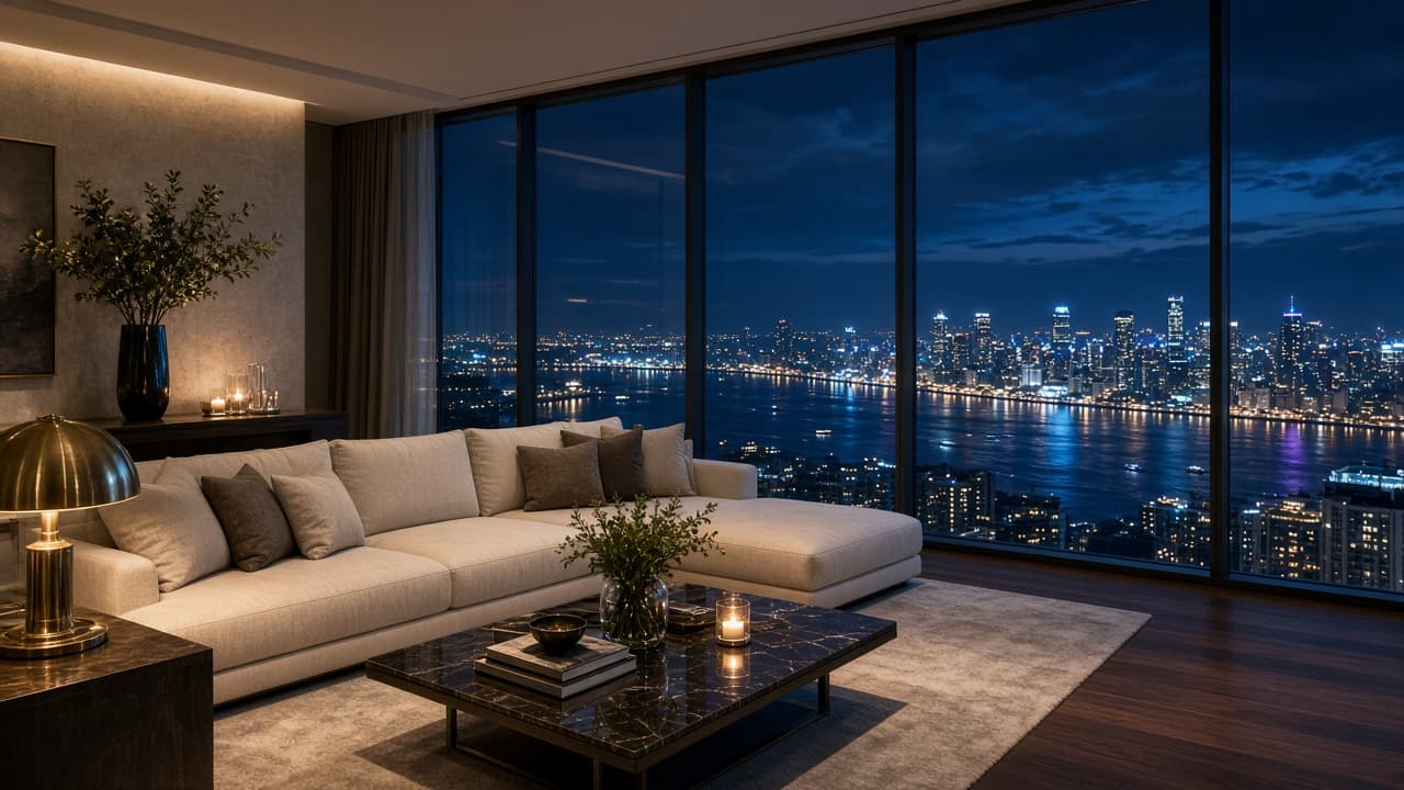Panoramic penthouse living room overlooking harbour lights